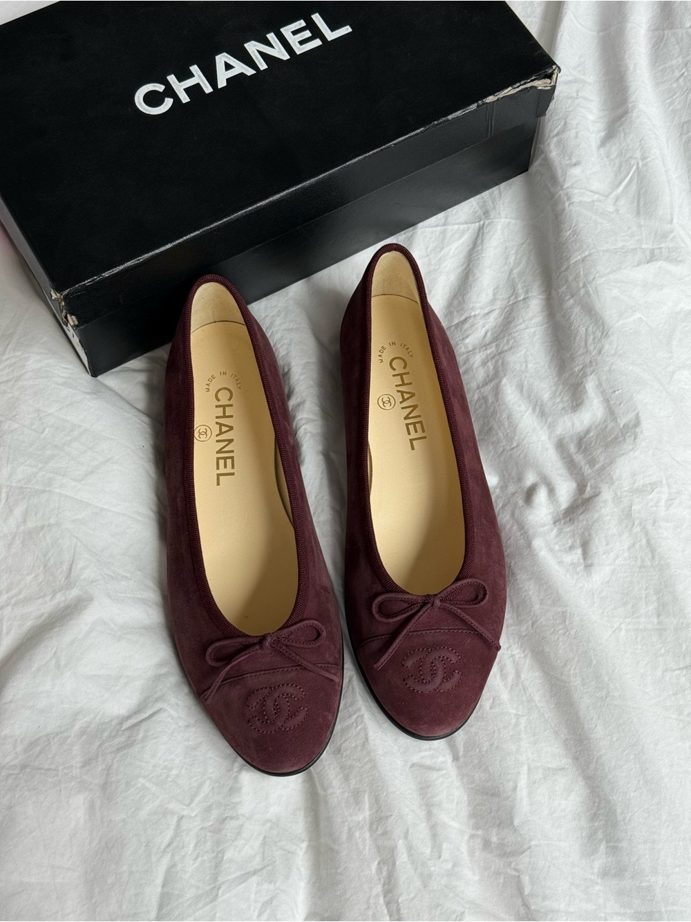 CHANEL Burgundy Suede Bow Ballet Flats